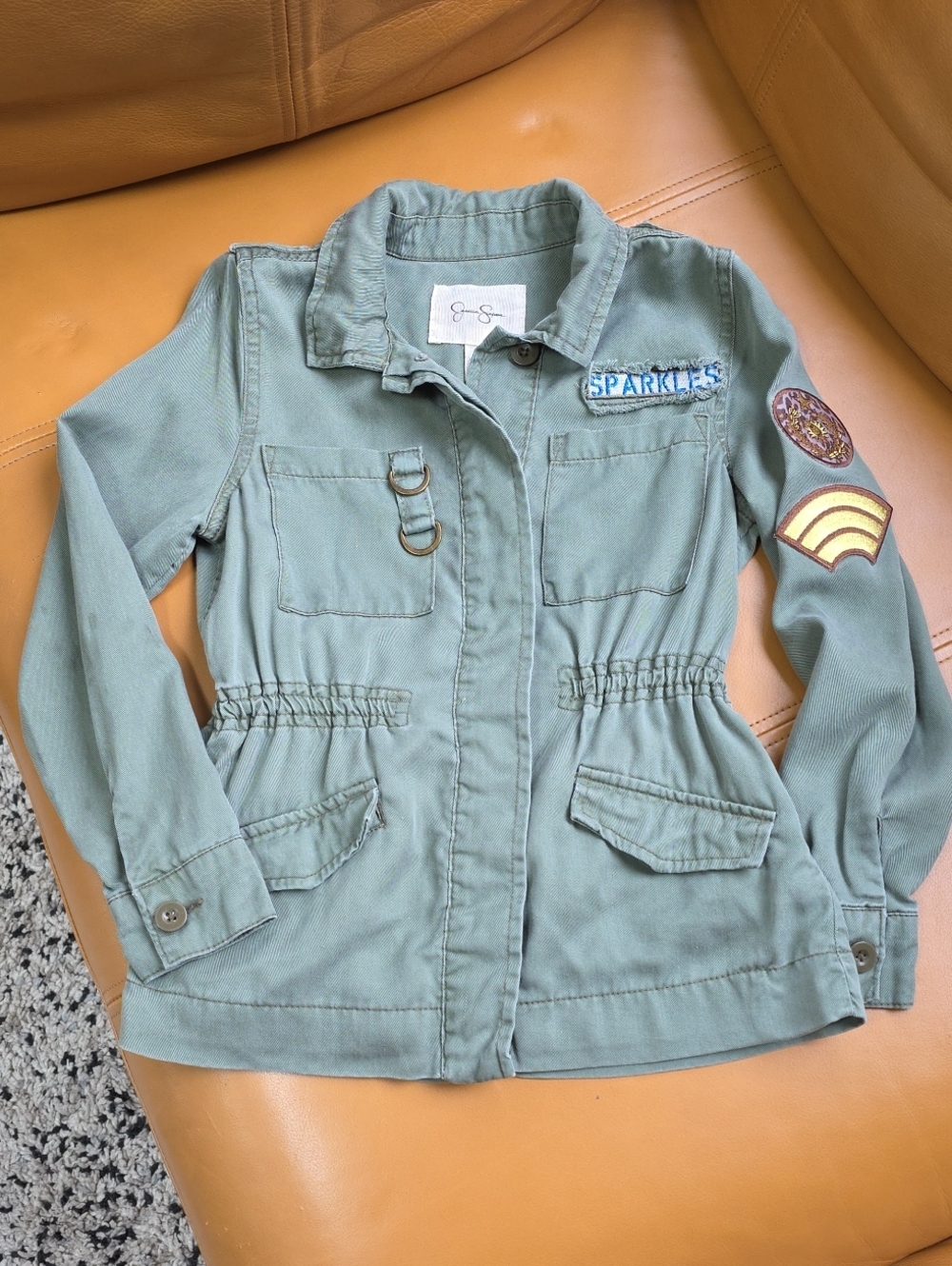 Jessica Simpson Olive Green Utility Jean Jacket with Patch Accents